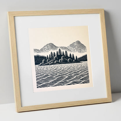 Graphic Derwentwater Island Landscape lake district lake art print in natural frame