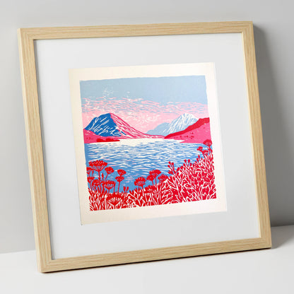 Crummock Water in Vivid Red lake district lake art print in natural frame