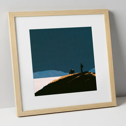 Silhouetted Walkers on Catbells lake district fell art print in natural frame
