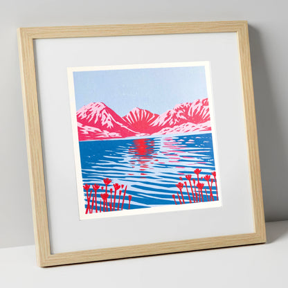 Vivid Fells Over Still Water lake district lake art print in natural frame