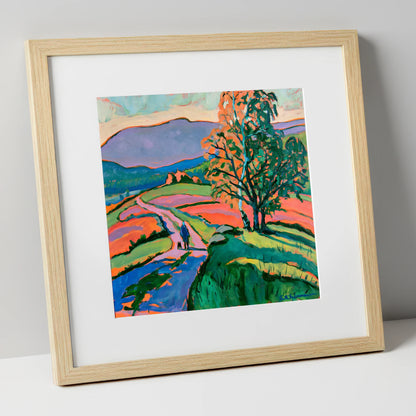 Hawkshead Fells with Dog Walker gifts for dog walkers art print in natural frame