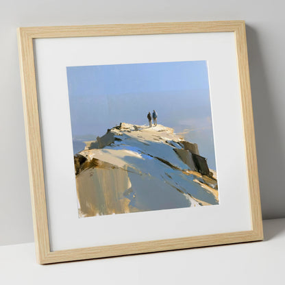 Hikers on the Sunlit Summit lake district fell art print in natural frame