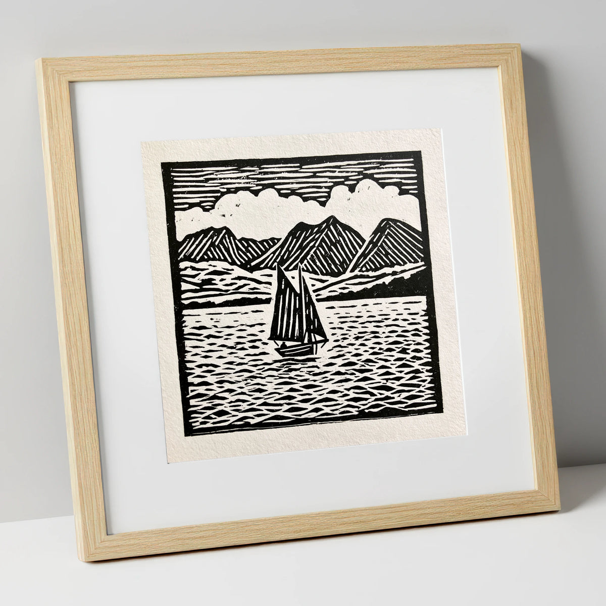 Monochrome Sailing Boat on Windermere lake district lake art print in natural frame