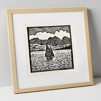 Monochrome Sailing Boat on Windermere lake district lake art print in natural frame