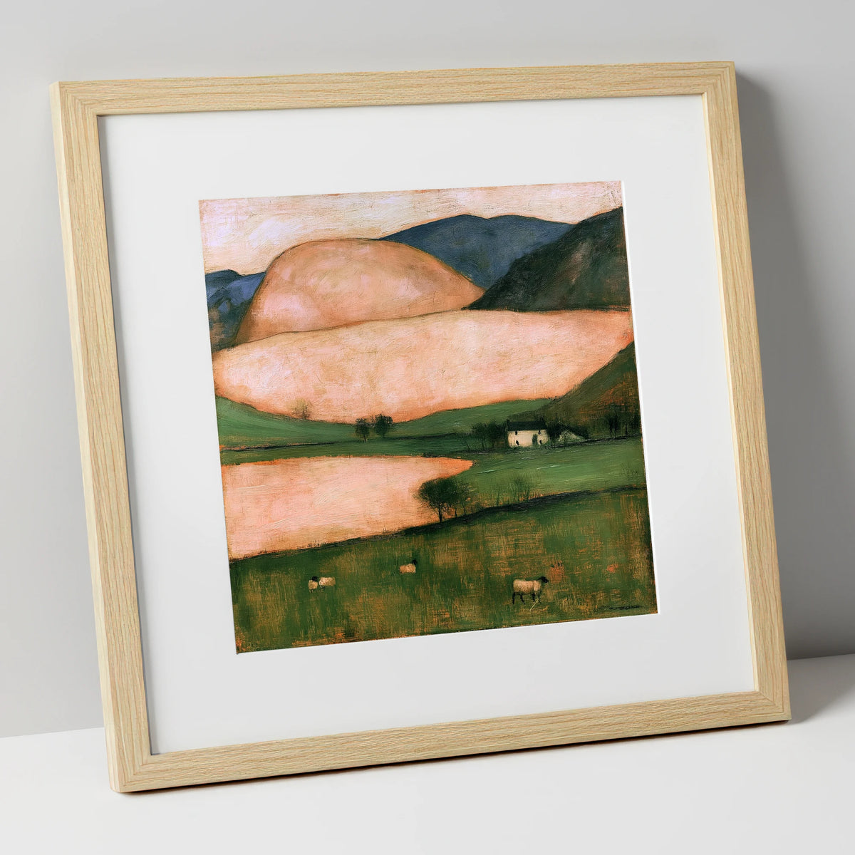 Peach Fells And Valley Farm lake district sky art print in natural frame