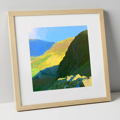 Sunlit Tarn Crag and Valley lake district fell art print in natural frame
