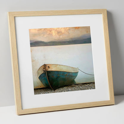 Grounded Boat on Misty Windermere lake district lake art print in natural frame