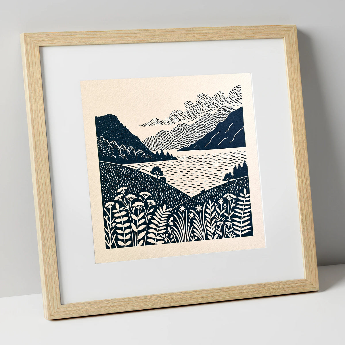 Graphic Ullswater and Layered Fells lake district lake art print in natural frame