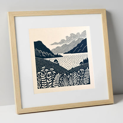 Graphic Ullswater and Layered Fells lake district lake art print in natural frame