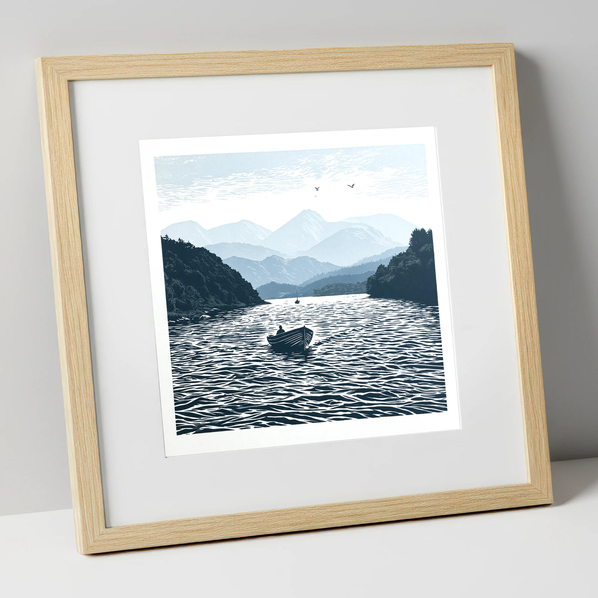 Coniston Water in Deep Navy lake district lake art print in natural frame