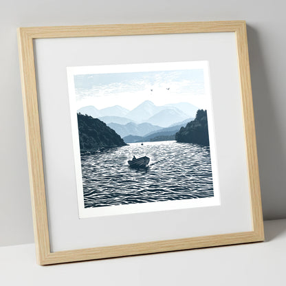 Coniston Water in Deep Navy lake district lake art print in natural frame