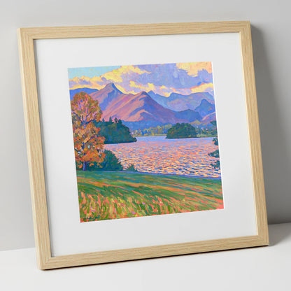 Radiant Derwentwater from Crow Park lake district village art print in natural frame