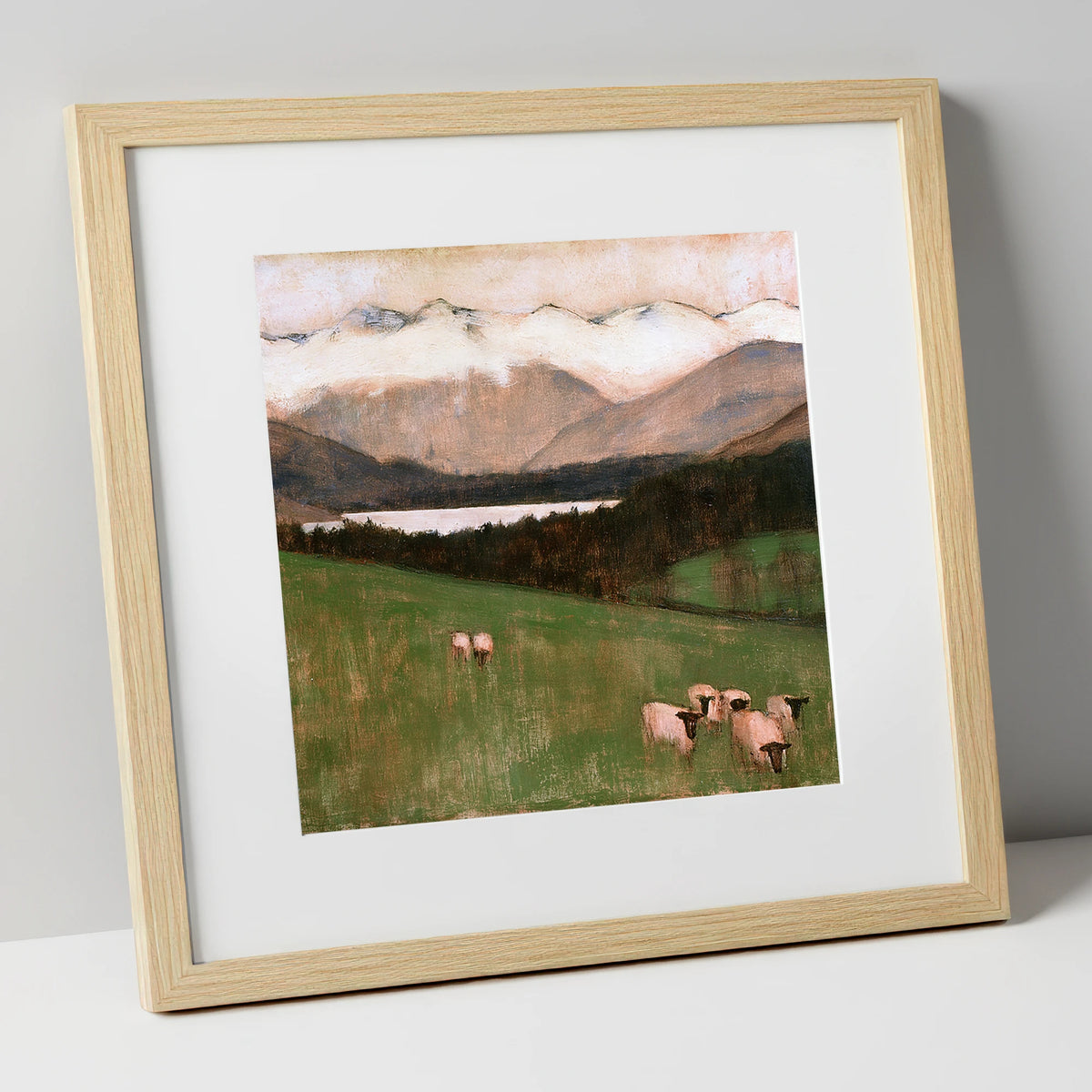 Hawkshead Pasture in Warm Light lake district village art print in natural frame