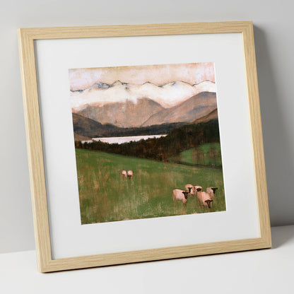 Hawkshead Pasture in Warm Light lake district village art print in natural frame