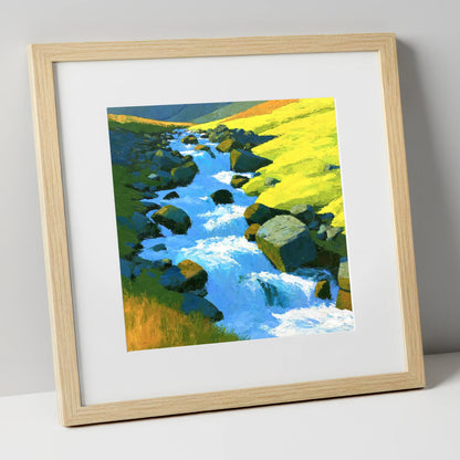 Sparkling Mountain Beck in High Summer lake district waterfall art print in natural frame