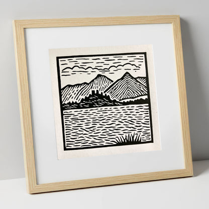 Monochrome Derwentwater Fells lake district lake art print in natural frame