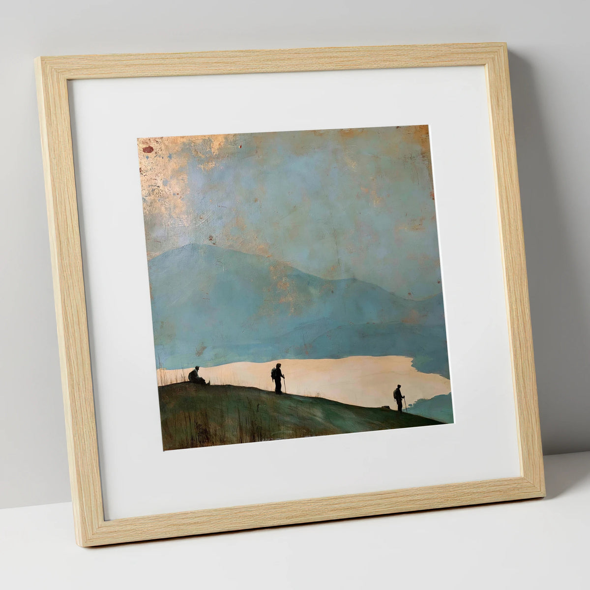 Silhouetted Walkers on Catbells lake district fell art print in natural frame