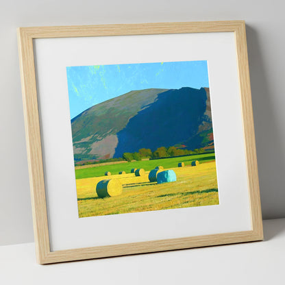 Blencathra Above Sunlit Hay Bales lake district fell art print in natural frame