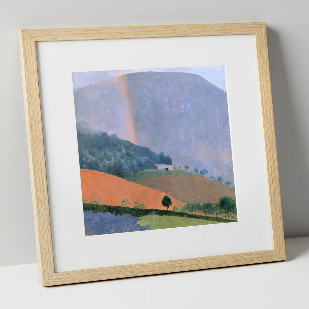 Fell Barn Under a Rainbow lake district sky art print in natural frame