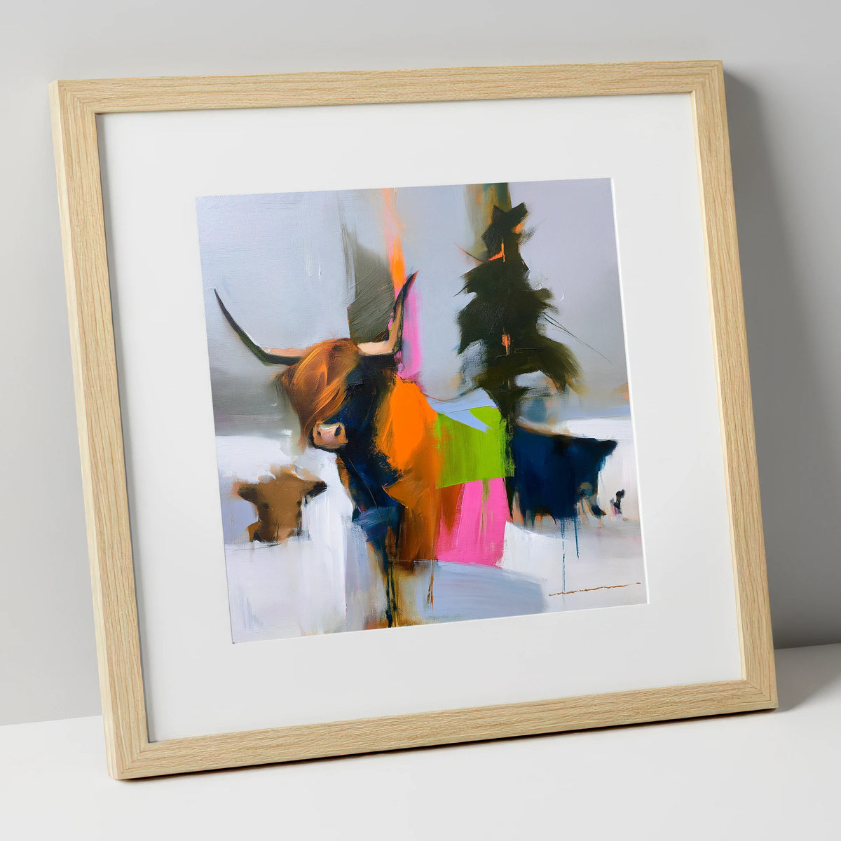 Highland Cow in Vibrant Colour lake district wildlife art print in natural frame