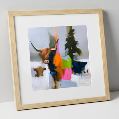 Highland Cow in Vibrant Colour lake district wildlife art print in natural frame