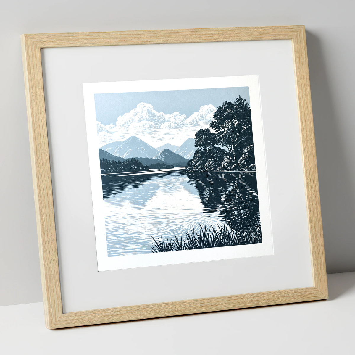 Navy Blue Lake Reflections lake district lake art print in natural frame