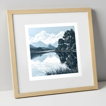 Navy Blue Lake Reflections lake district lake art print in natural frame