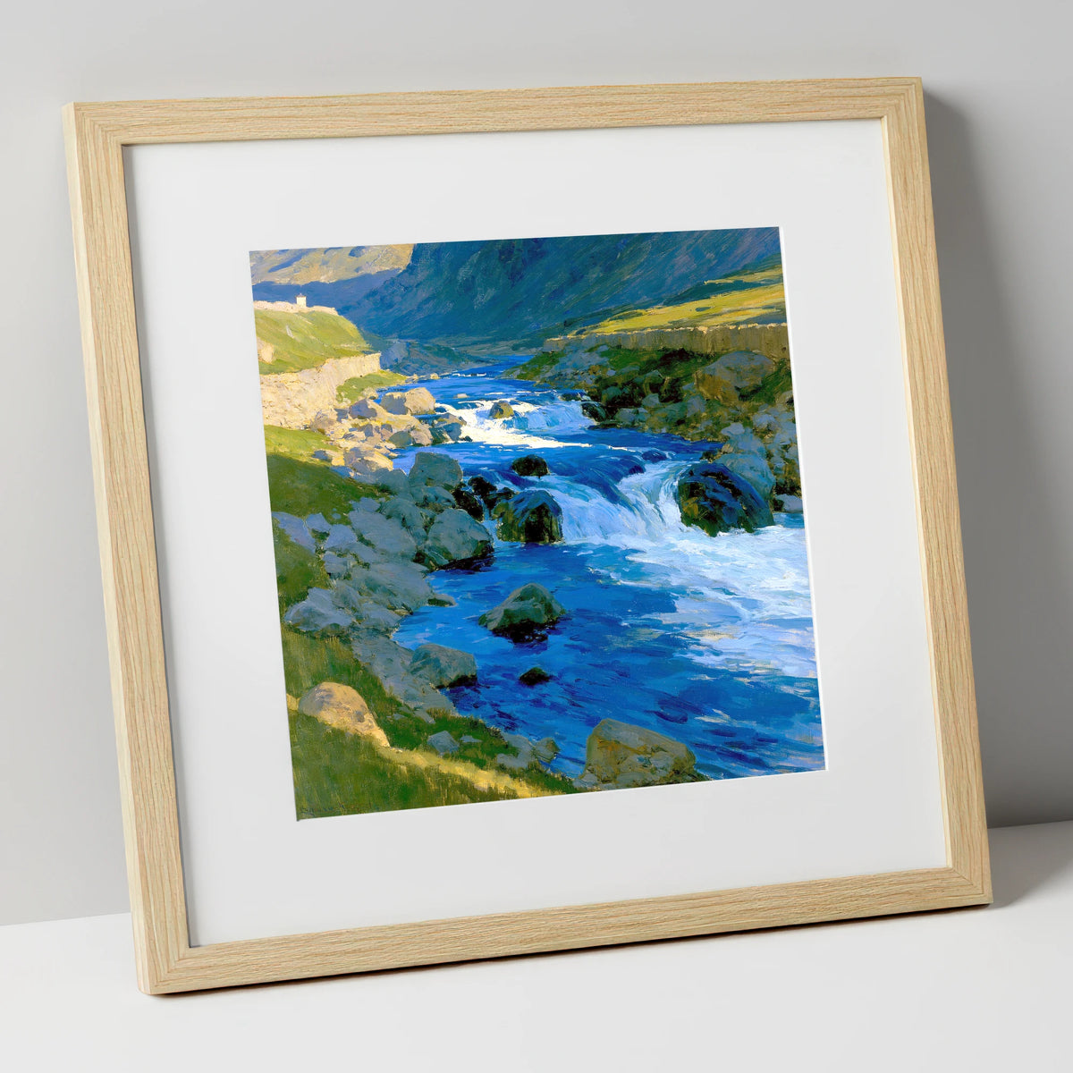 Vibrant Blue Fellside Beck lake district waterfall art print in natural frame
