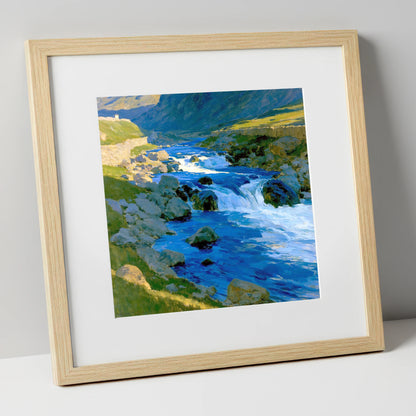 Vibrant Blue Fellside Beck lake district waterfall art print in natural frame