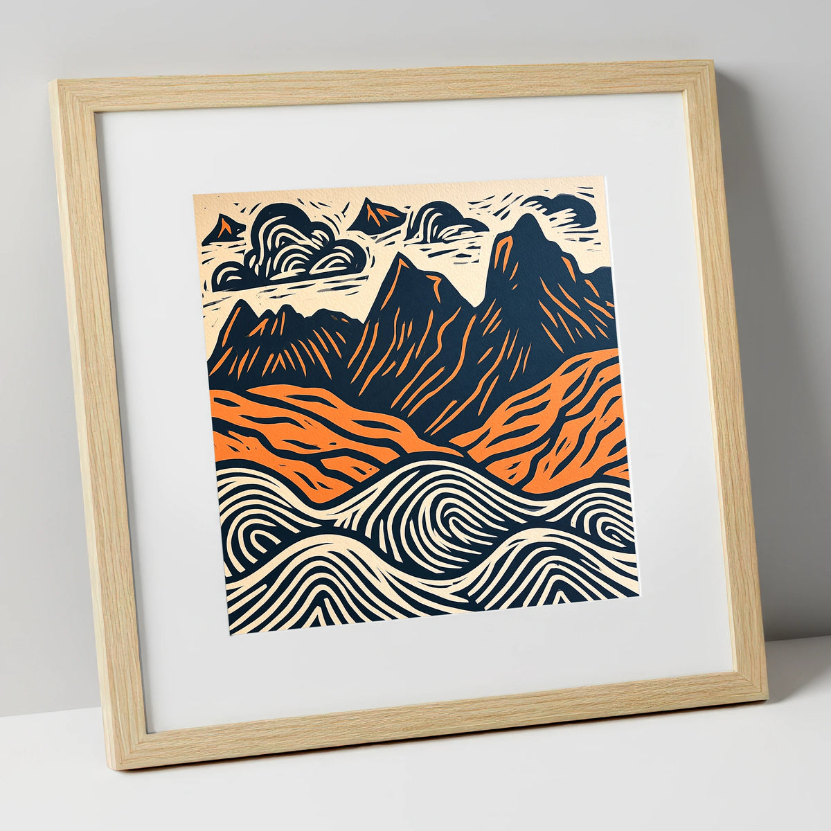 Navy and Orange Langdale Pikes lake district fell art print in natural frame