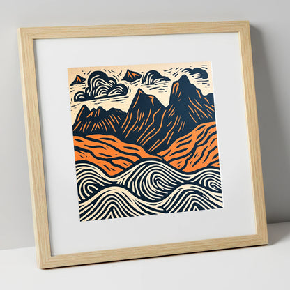 Navy and Orange Langdale Pikes lake district fell art print in natural frame