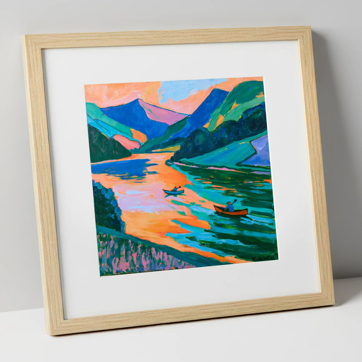 Lake Kayaking in Vivid Colour lake district walking art print in natural frame