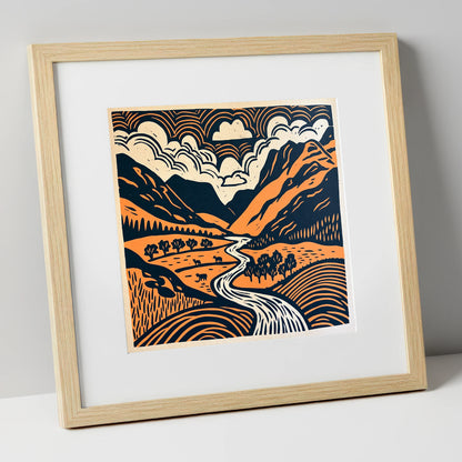 Graphic Great Langdale Valley lake district valley art print in natural frame