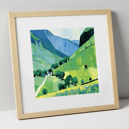 Vibrant Green Valley and Fells lake district valley art print in natural frame