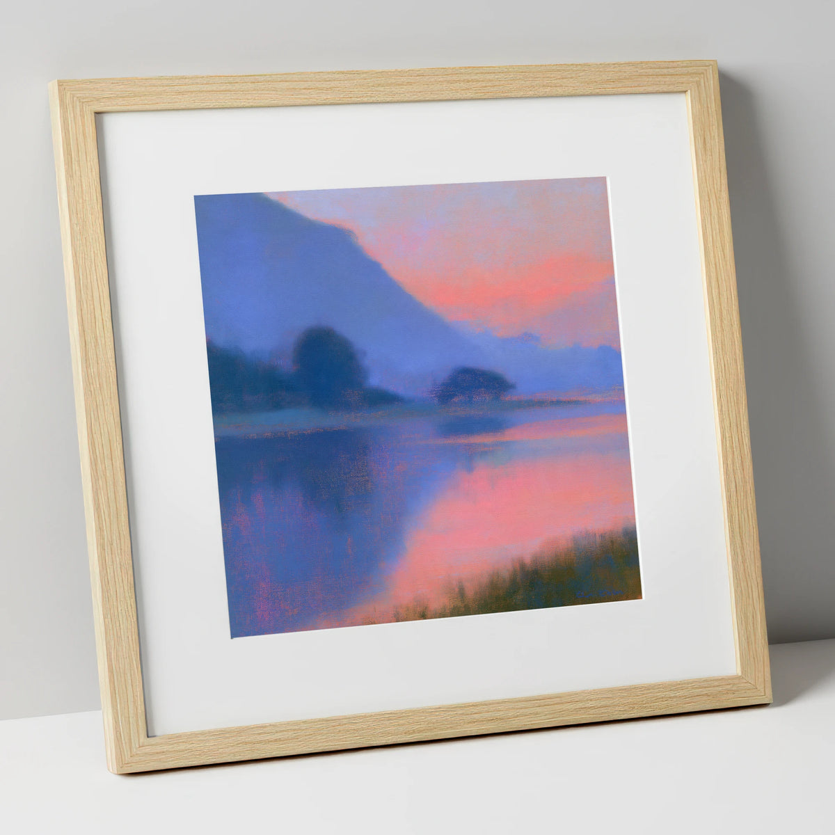 Lake Reflections in Pink Twilight lake district lake art print in natural frame