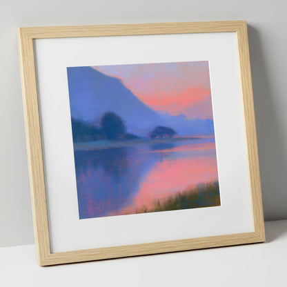 Lake Reflections in Pink Twilight lake district lake art print in natural frame
