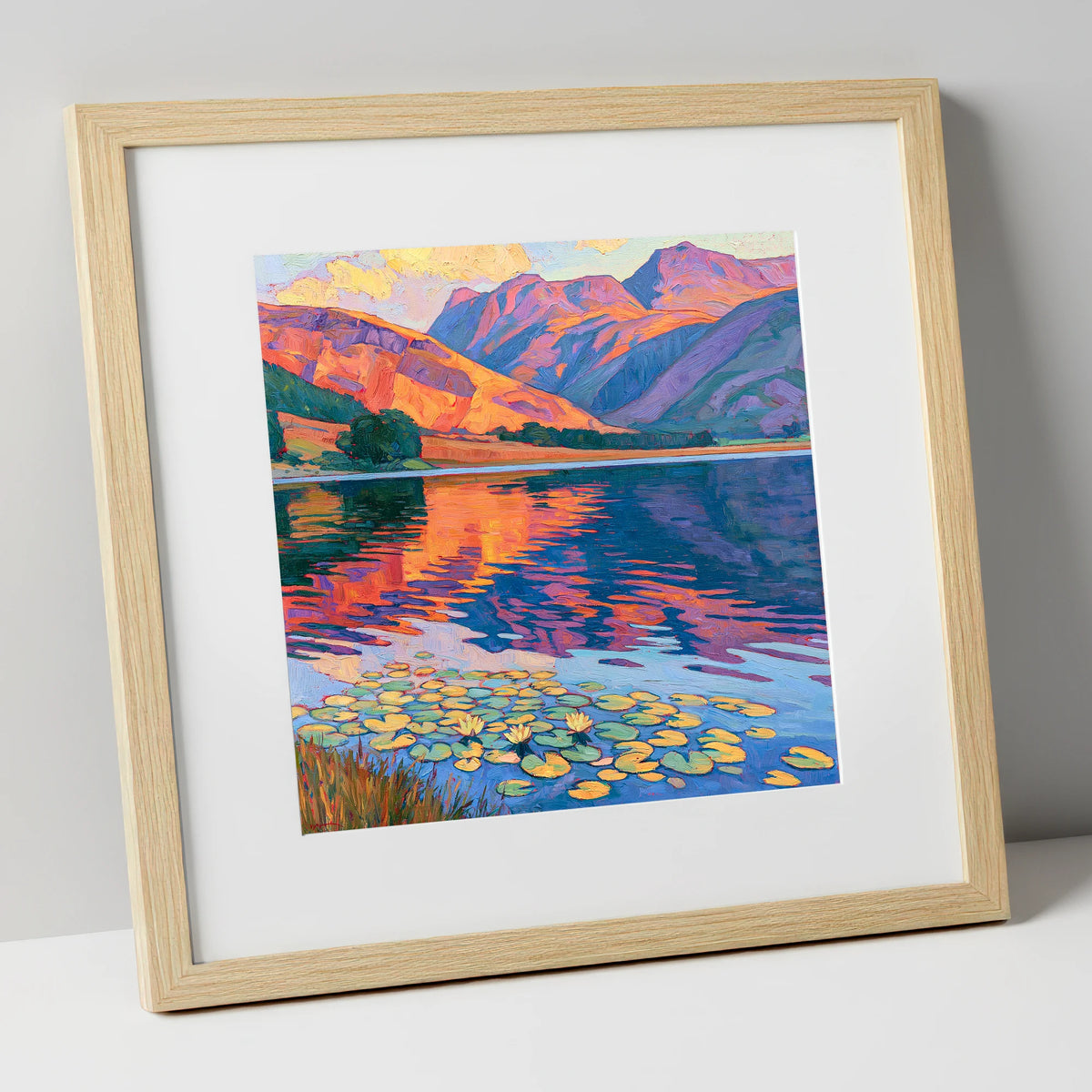 Amber Sunset Over Lily Tarn lake district lake art print in natural frame