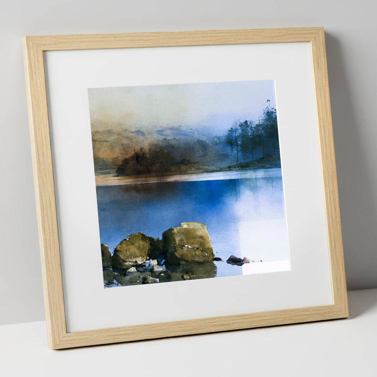 Mossy Boulders of Rydal Water lake district lake art print in natural frame