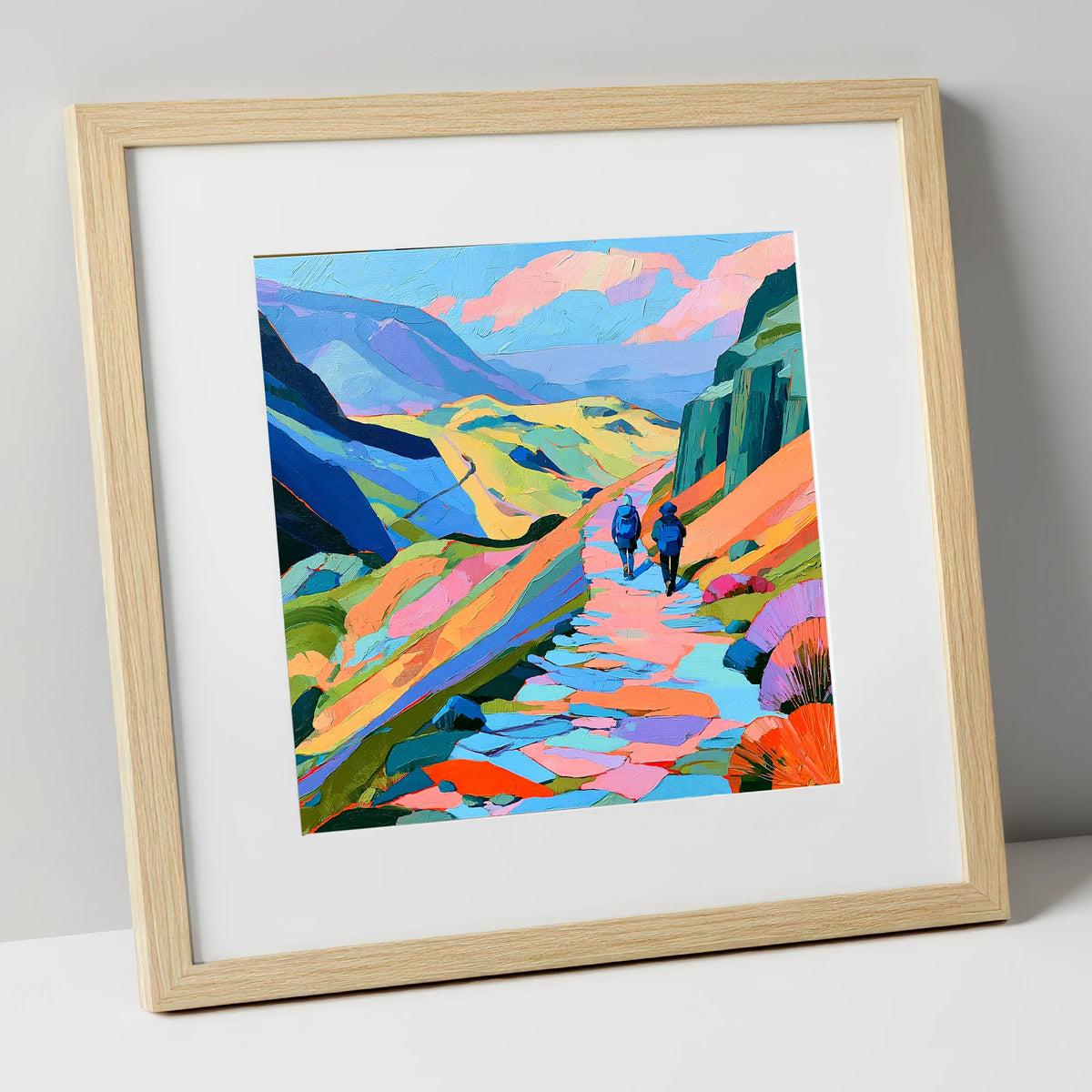 Walkers on a Vibrant Fell Path lake district walking art print in natural frame