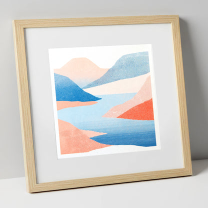 Graphic Lake And Coral Fells lake district lake art print in natural frame