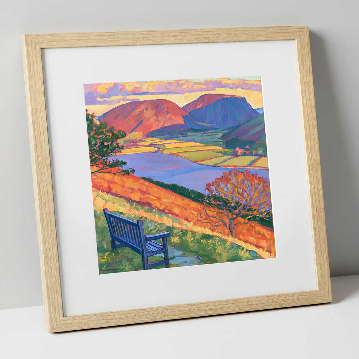 Vibrant Bench View Over Loweswater lake district lake art print in natural frame