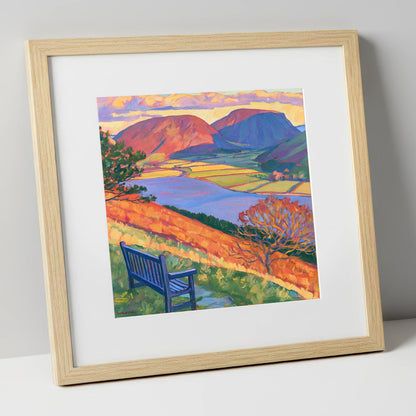 Vibrant Bench View Over Loweswater lake district lake art print in natural frame
