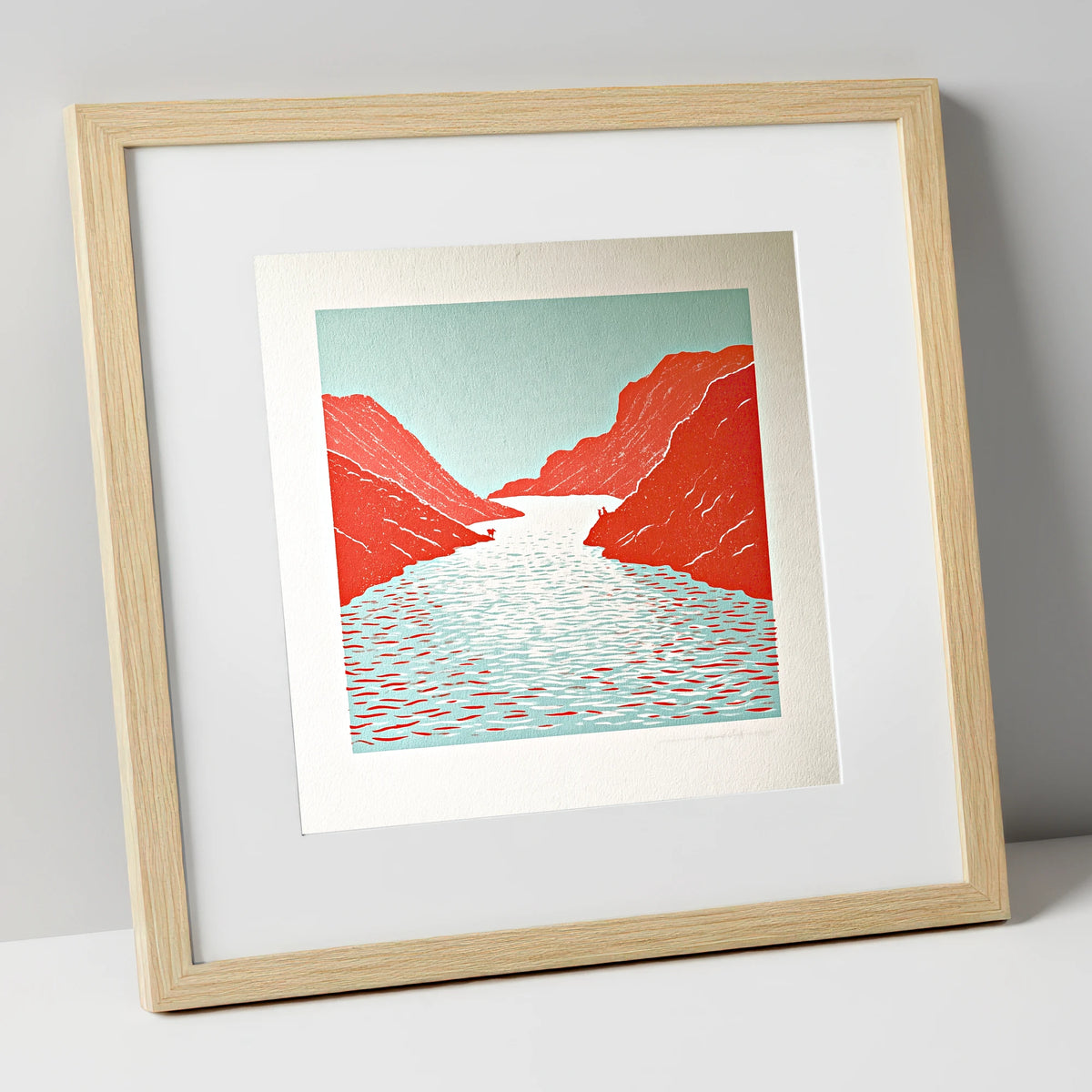 Bold Red Fells and Lake lake district lake art print in natural frame