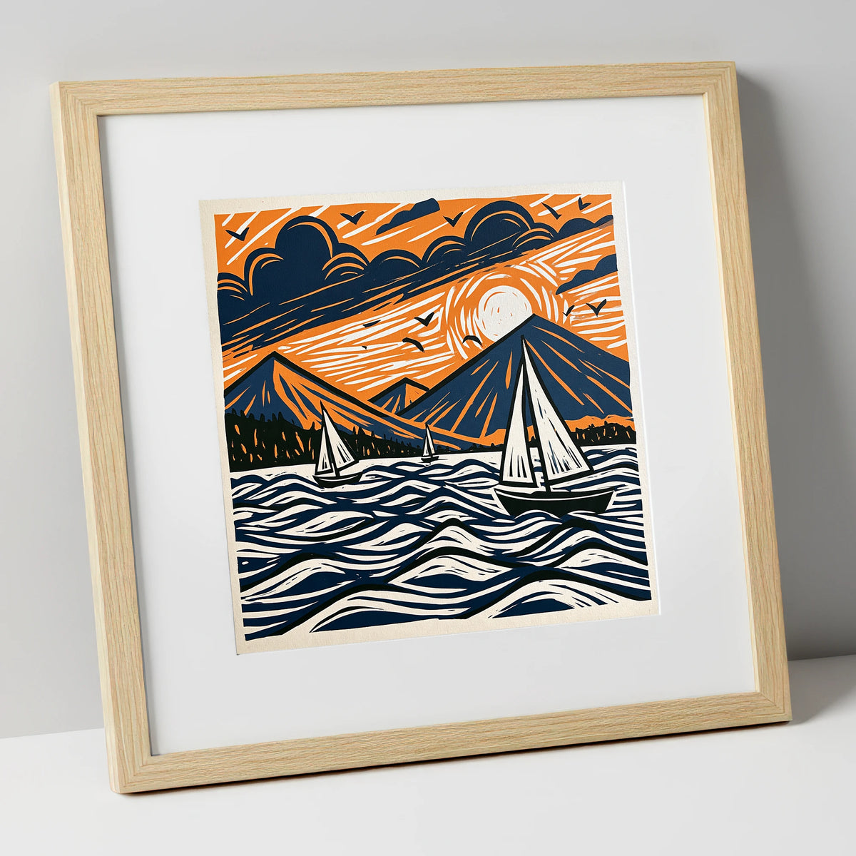 Sunset Sailboats on Derwentwater lake district lake art print in natural frame