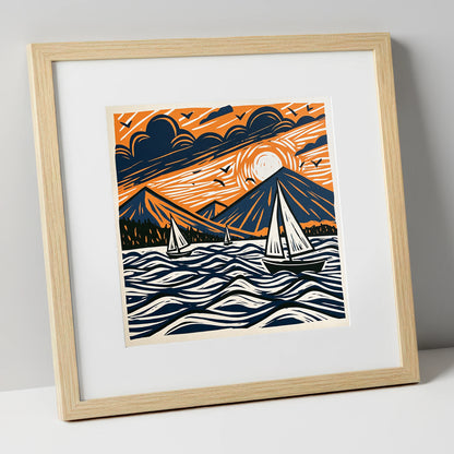 Sunset Sailboats on Derwentwater lake district lake art print in natural frame