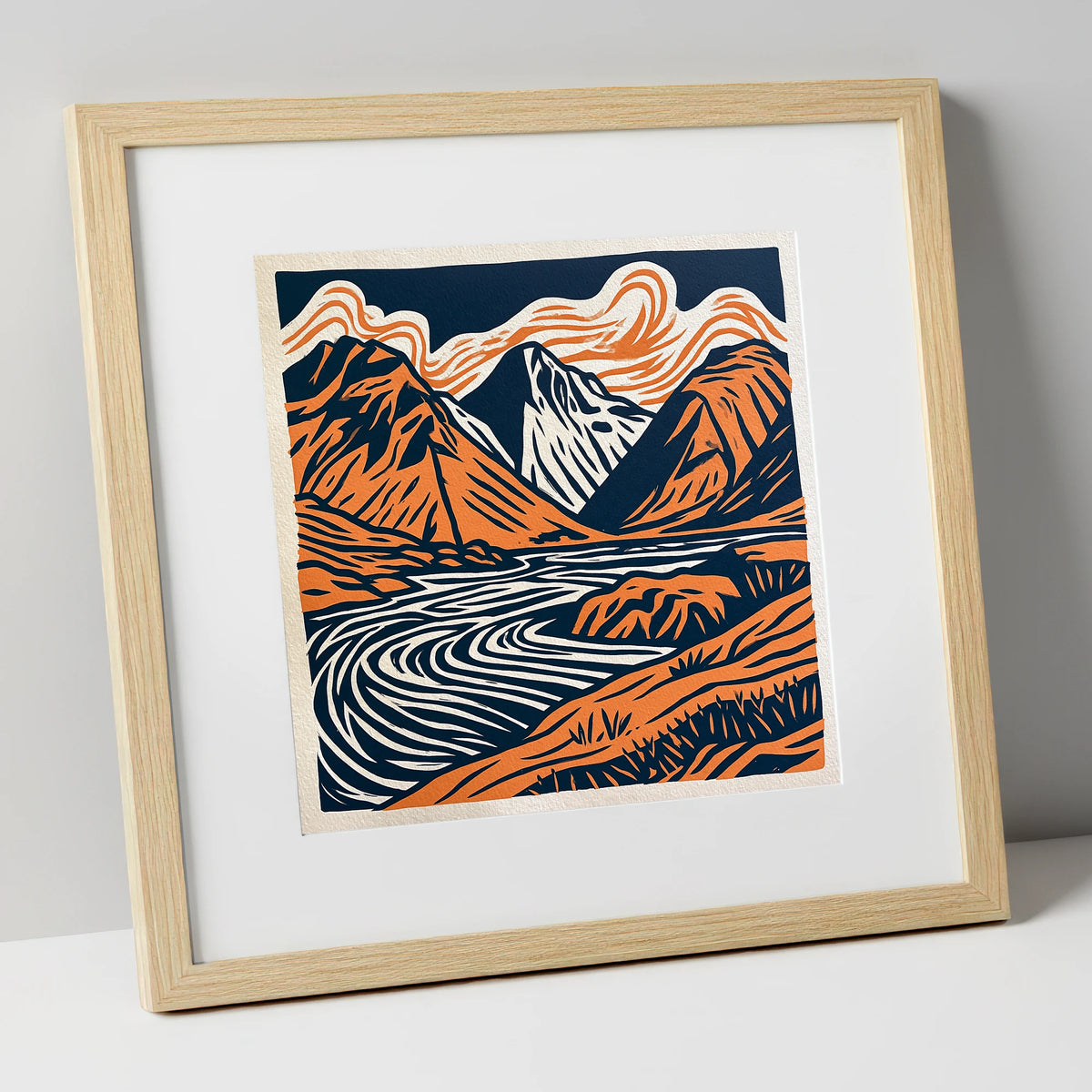 Bold Scafell Pike in Terracotta lake district fell art print in natural frame