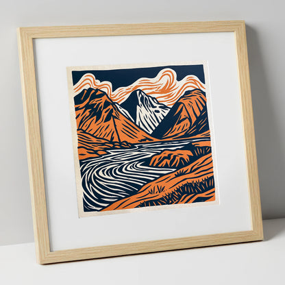 Bold Scafell Pike in Terracotta lake district fell art print in natural frame