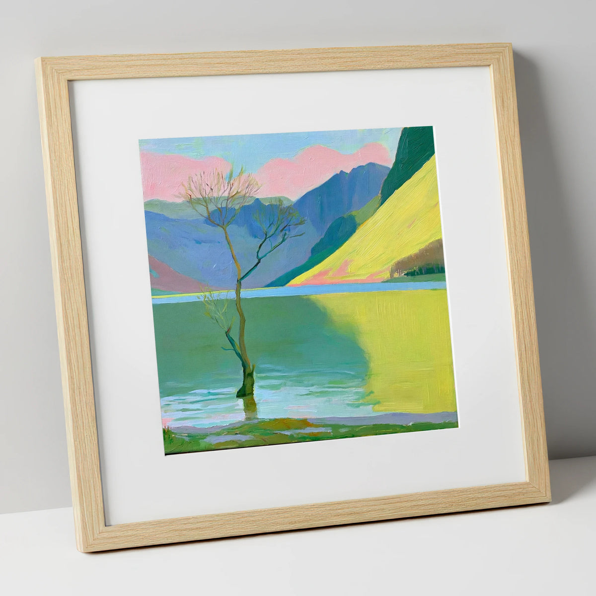 Buttermere Tree Under Pink Skies lake district lake art print in natural frame