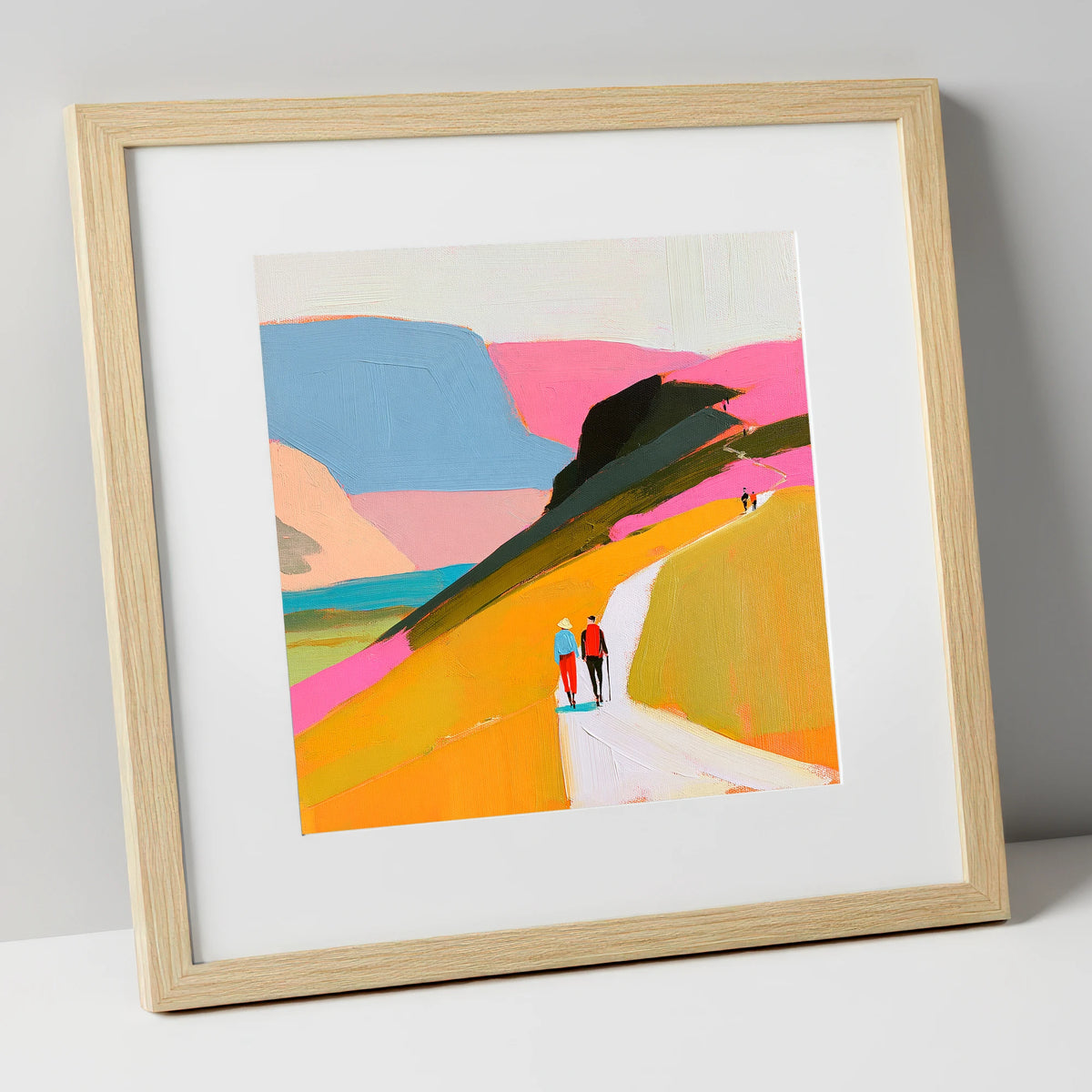 Walkers Ascending Colourful Fells lake district walking art print in natural frame