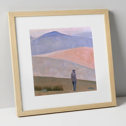 Lone Fell Walker at Dusk lake district walking art print in natural frame
